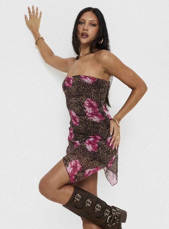 Floral print mini dresses for summer parties Allerton Strapless Mini Dress Leopard
