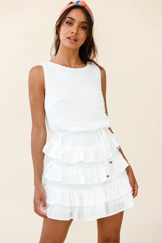 Mini dresses with bow accents for a sweet look Zayah Sleeveless Layered Frill Dress White