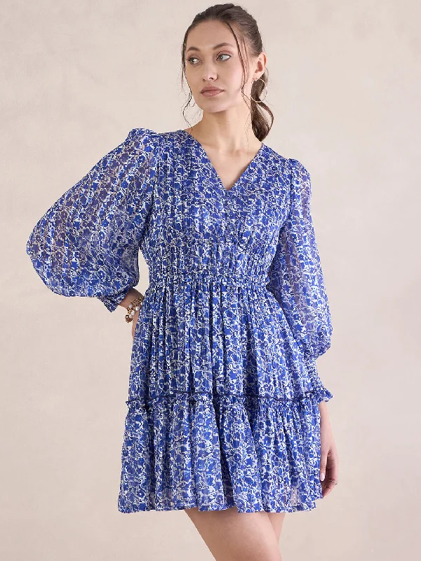 Mini dresses with polka dot patterns Blue Floral Lurex Tiered Mini Dress