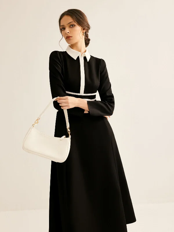 Garden Party Casual Dresses with Floral Motifs​ Contrast Piping Long Sleeve Lapel Dress