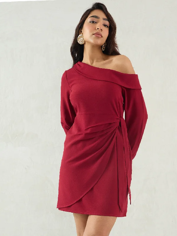 Mini dresses with belted waists for a defined silhouette Maroon One Shoulder Wrap Mini Dress