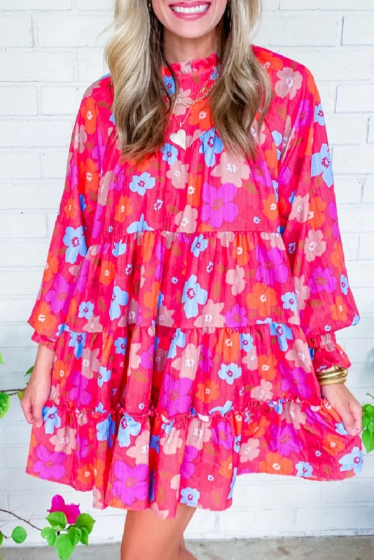 Mini dresses with V - necklines for a flattering shape Multicolour Floral Bubble Sleeve Tiered Babydoll Dress