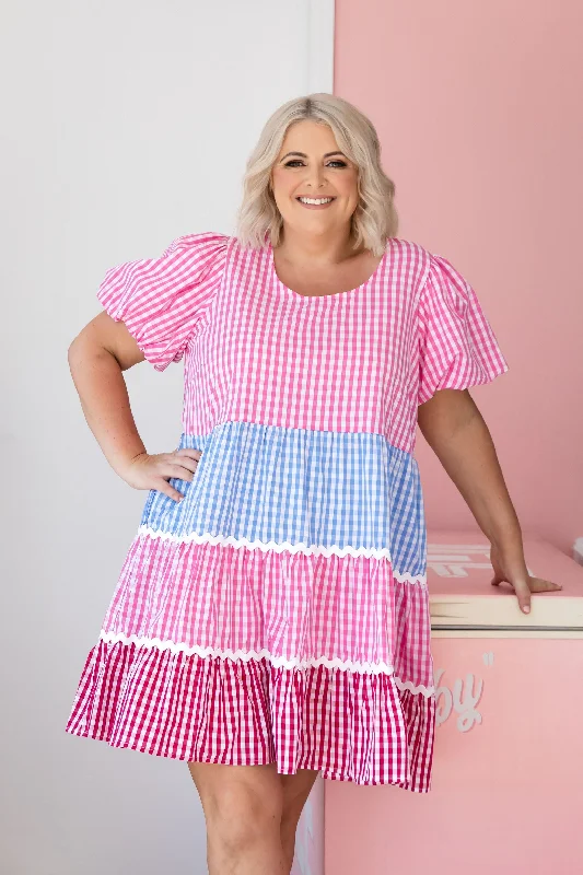 Satin Casual Dresses with a Shiny Finish​ Greta Party Dress in Gingham Mix