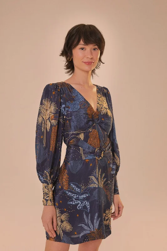 Mini dresses with V - necklines for a flattering shape Navy Blue Night Jungle Mini Dress