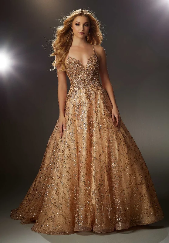 Strapless tulle wedding dresses for a fairy - tale feel​ MGNY Madeline Gardner New York 48017 Beaded Long Ball Gown Lace Prom Dress