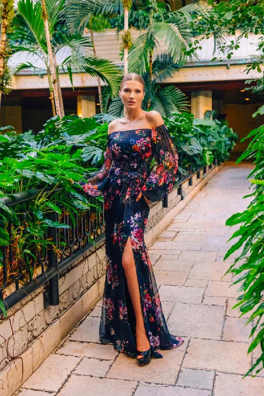Trumpet - style wedding dresses with a train Alexander by Daymor 3045S25 A Line Floral Print Long Evening Slit Dress Trumpet - style wedding dresses with a train Alexander by Daymor 3045S25 A Line Floral Print Long Evening Slit Dress