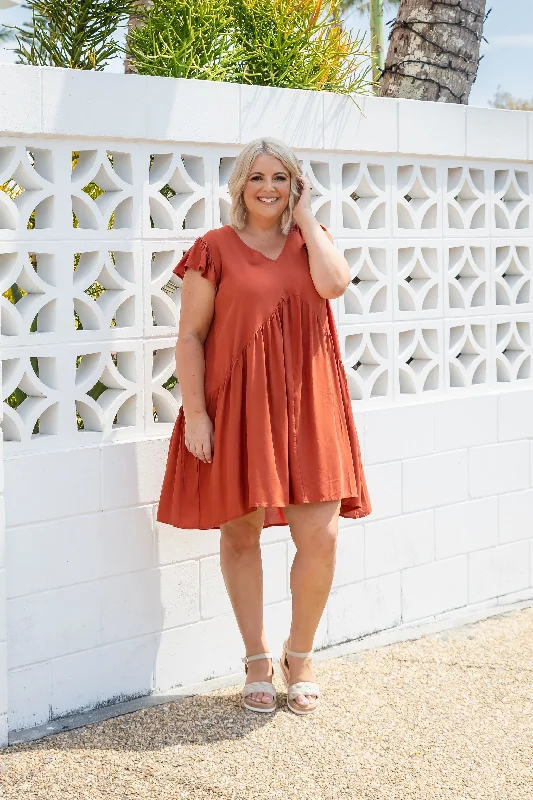 Rayon Casual Dresses for a Soft Feel​ Peak Frill Party Dress in Rust