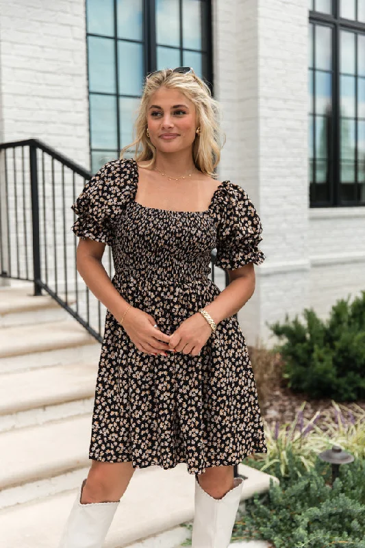 Mini dresses with fringe for a bohemian style When I Found You Black Knit Smocked Print Dress