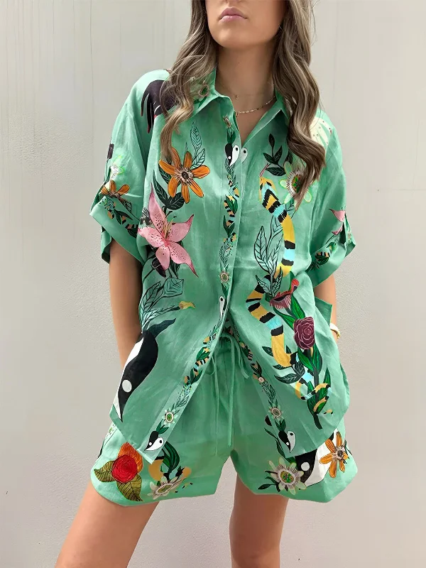 Polyester - Cotton Blend Casual Dresses​ Oversized Floral Print Shorts Set
