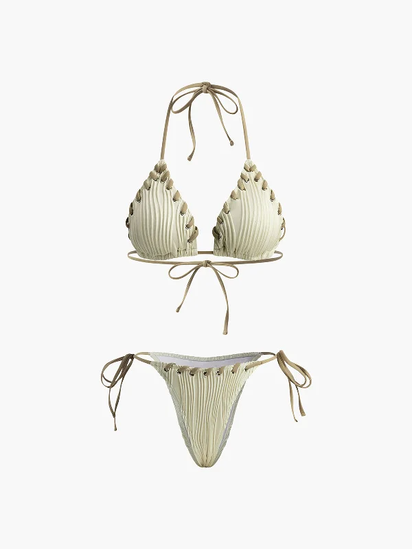 Boho Style Casual Dresses with Fringe Details​ Grommet Lace-Up Ruched Bikini Set
