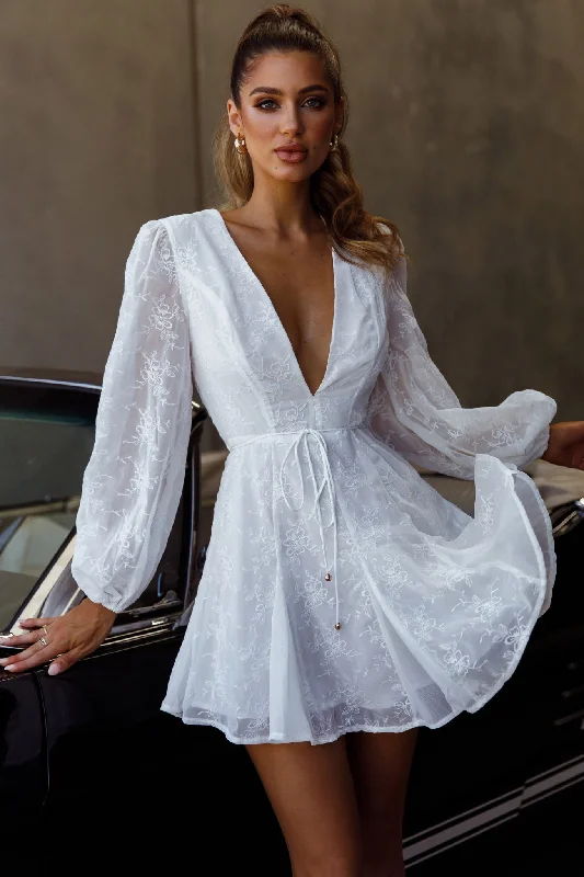 Mini dresses with keyhole necklines Estelle Long Sleeve V-Neckline Dress Embroidered White