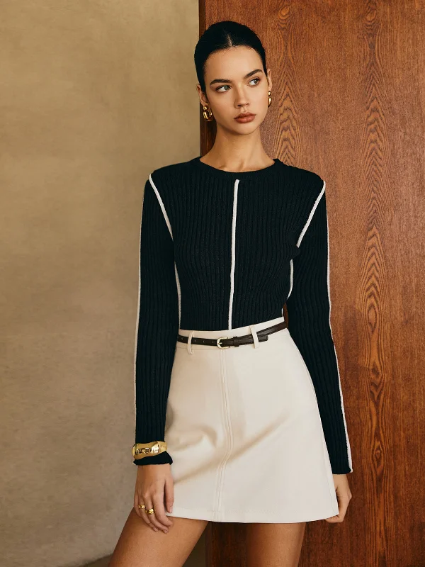Work - from - Home Casual Dresses for Comfort and Style​ Contrast Piping Slim Knit Top