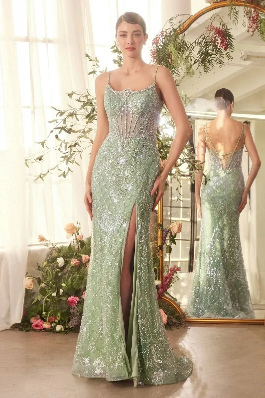 Tea - length wedding dresses with a vintage charm​ Andrea & Leo CDA1470 Beaded Long Formal Corset Prom Slit Dress