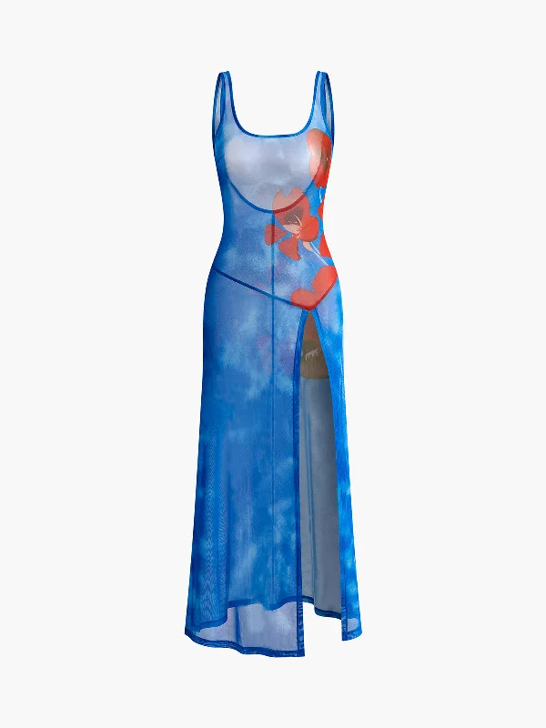 Home - Wear Casual Dresses for Comfort at Home​ Semi-Sheer Floral Backless Split Dress