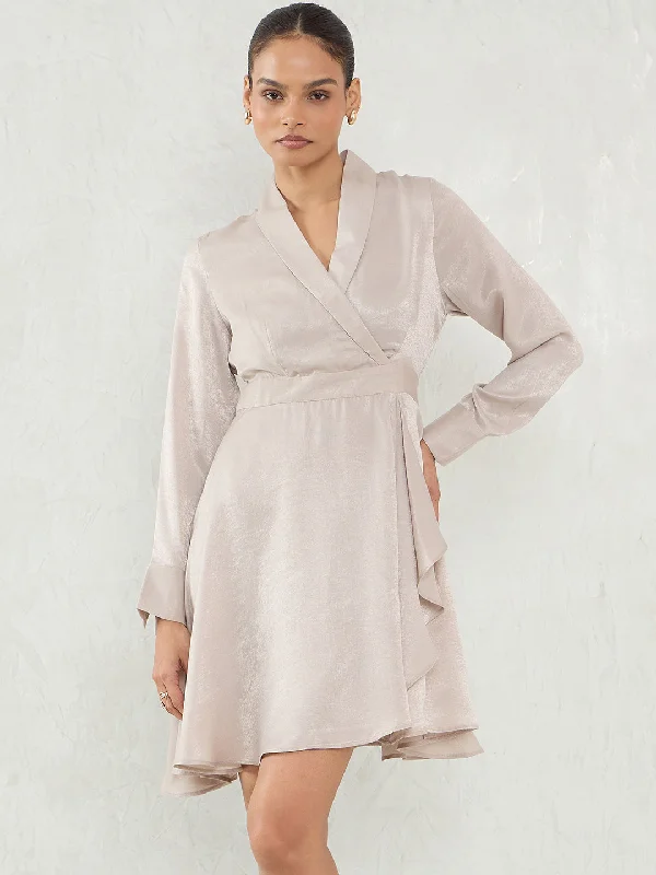 Mini dresses with wrap - around styles Beige Satin Wrap Mini Dress
