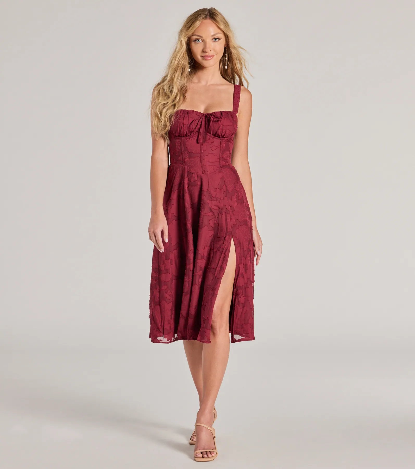 Metallic - Accented Casual Dresses for a Shiny Finish​ Delightful Impact Corset Slit Chiffon Midi Dress