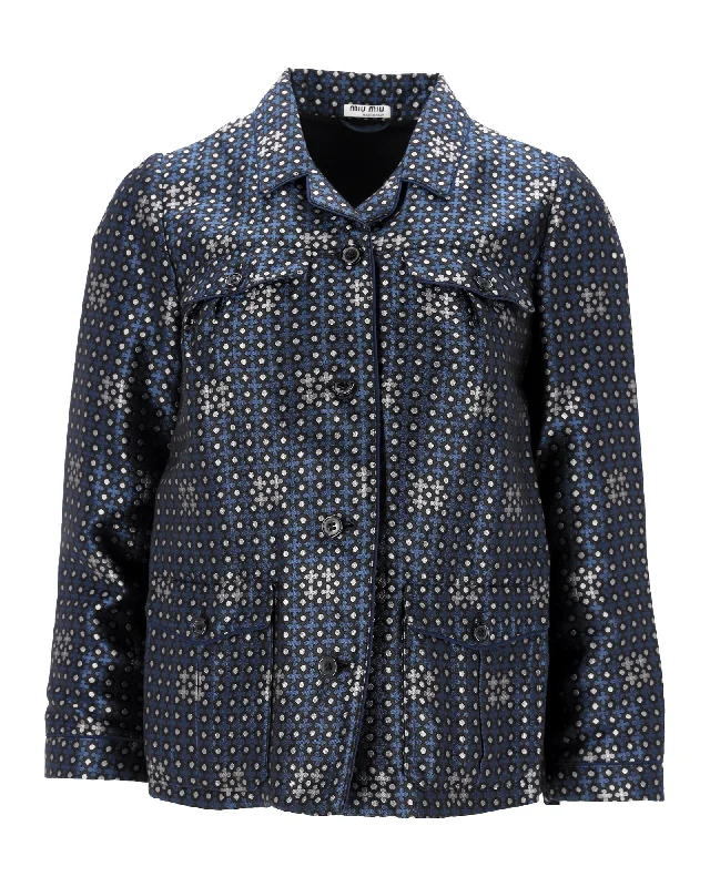 Embroidered women's cotton coats in a bohemian pattern for a unique design Miu Miu Printed Jacket in Blue Acetate