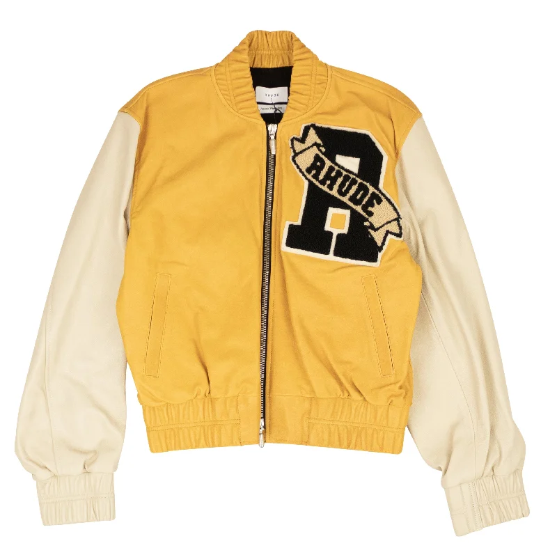 Water - resistant women's trench coats with adjustable cuffs for rainy days Yellow And Creme Varsity Jacket