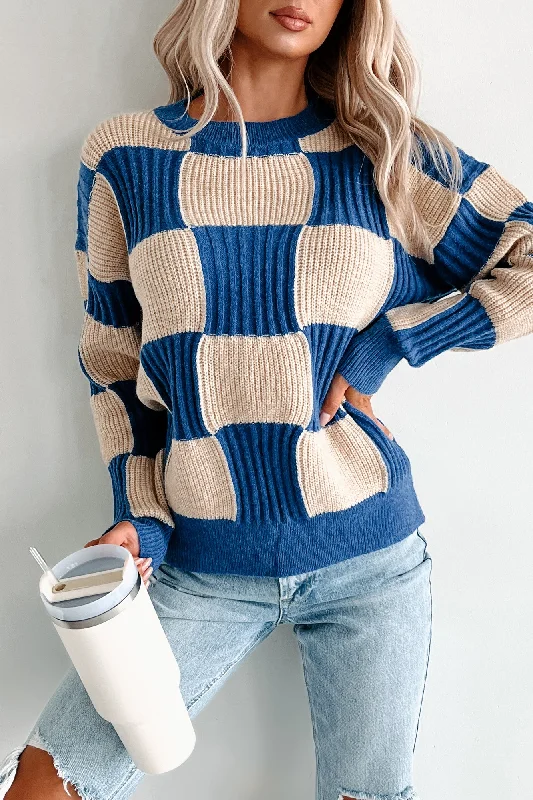 Plaid Women's Knit Button - Up Tops in a Preppy Look  You're Nothing Like Me Checkered Sweater (Royal Blue/Taupe)