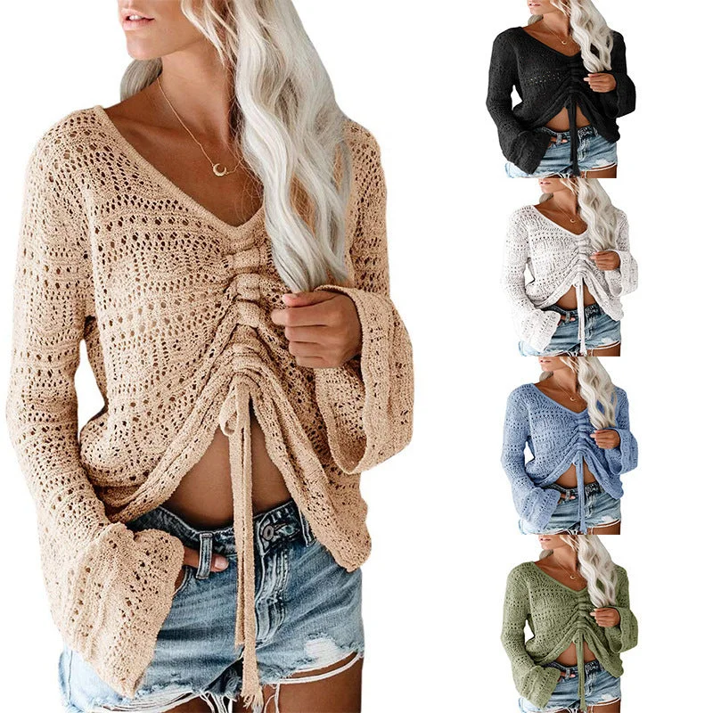 Plus Size Women's Pullovers with Pockets for Practicality fashion hollow out knitted blouses women casual top 2022 autumn drawstring v neck knit pullover sweater top
