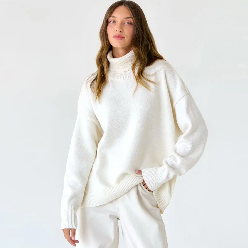 Striped Women's Pullovers in a Breton Style for Nautical Vibes Leisure Turtleneck Long Sleeve Oversized Rib Knit High Low Pullover Sweater