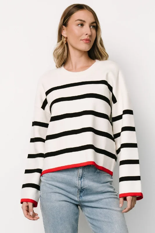 Plus Size Women's Belted Cable Knit Sweaters Madilyn Striped Sweater | Off White + Black