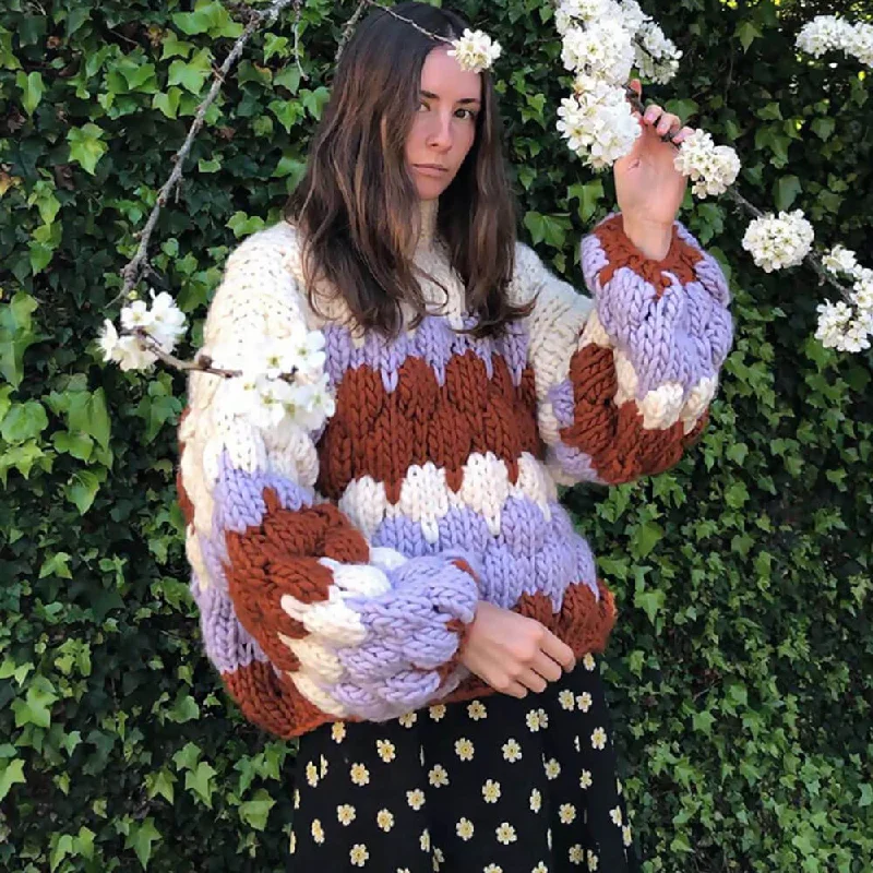 Long - Sleeve Women's Merino Wool Pullovers for Winter Warmth Oversized Chunky Knit Chevron Striped Puffy Sleeve Pullover Sweater