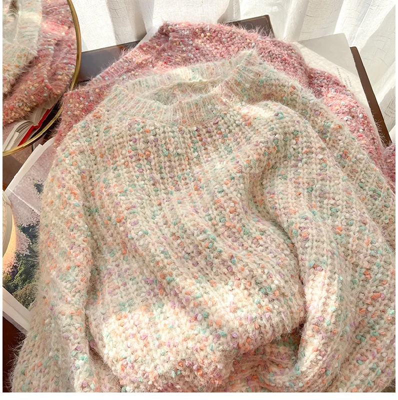 Button - Front Women's Pullovers in a Vintage - Inspired Design Rainbow polka dot pullover sweater for women     S4849