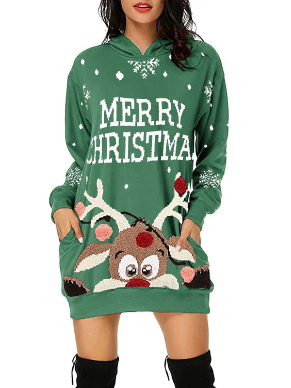 Plus Size Women's Fit - and - Flare Sweater Dresses with Ruffled Hem Blue Zone Planet |  Women's Christmas Print Mid Length Hooded Sweater Dress