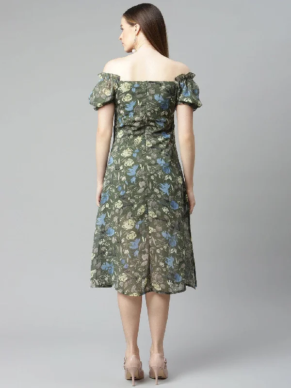 Printed Abstract Women Dress for a Modern and Artistic Appeal Printed Abstract Women Dress for a Modern and Artistic Appeal Grey Floral Print Off-Shoulder A-Line Dress
