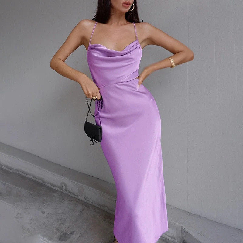 Strapless Women Dress with a Built - in Bra for Comfort and Support Strapless Women Dress with a Built - in Bra for Comfort and Support Sixsr Purple Satin Midi Dress Summer Women Sexy Backless Sleeveless Pile Collar Spaghetti Strap Bandage Dress Woman Party Long Dresses