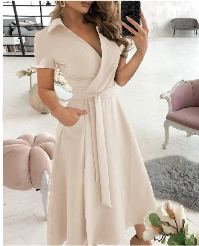 Ball Gown Women Dress with a Full Skirt for a Princess - like Look Ball Gown Women Dress with a Full Skirt for a Princess - like Look Sixsr Spring and Summer Fashion New Party Dress Short-sleeved V-neck Retro Dress with Printed Belt