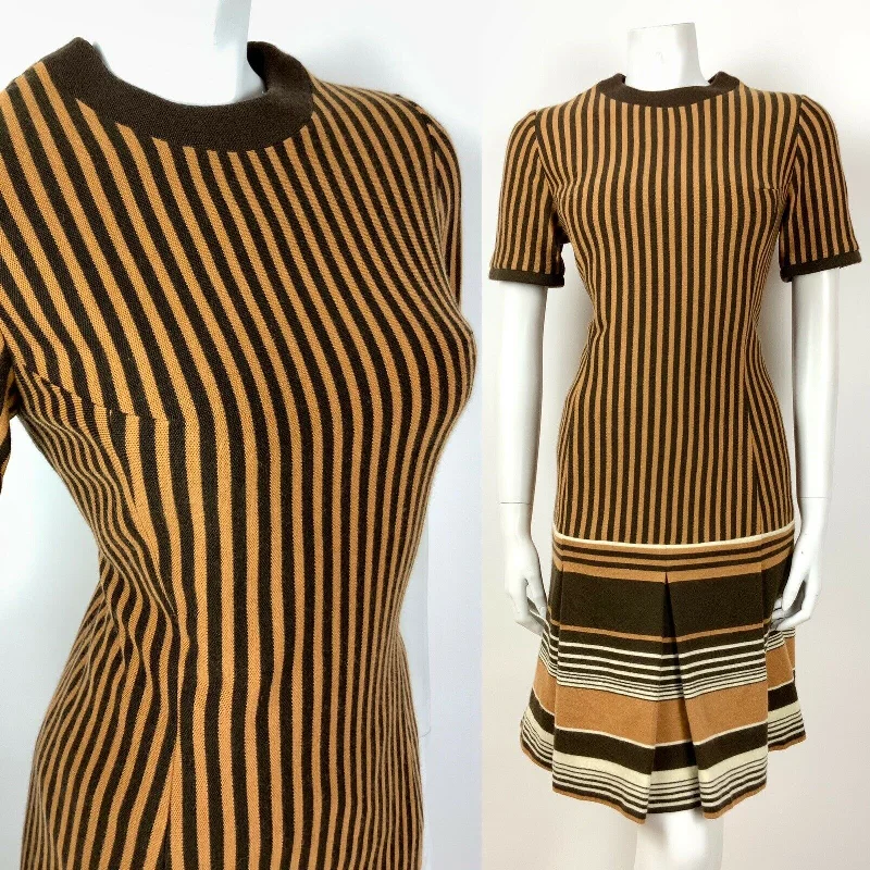 Halter Neck Women Dress to Show Off the Shoulders and Neckline Halter Neck Women Dress to Show Off the Shoulders and Neckline VINTAGE 60s 70s BROWN CREAM CARAMEL STRIPED DROP-WAIST PLEATED MOD DRESS 8 10