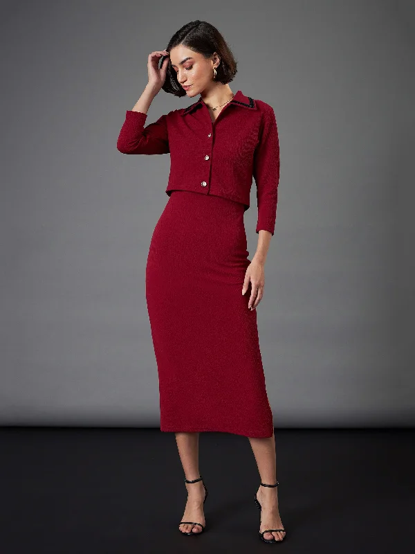 Mini Women Dress with a Short Hem for a Young and Trendy Style Mini Women Dress with a Short Hem for a Young and Trendy Style Women Maroon Strappy Bodycon Dress With Crop Jacket